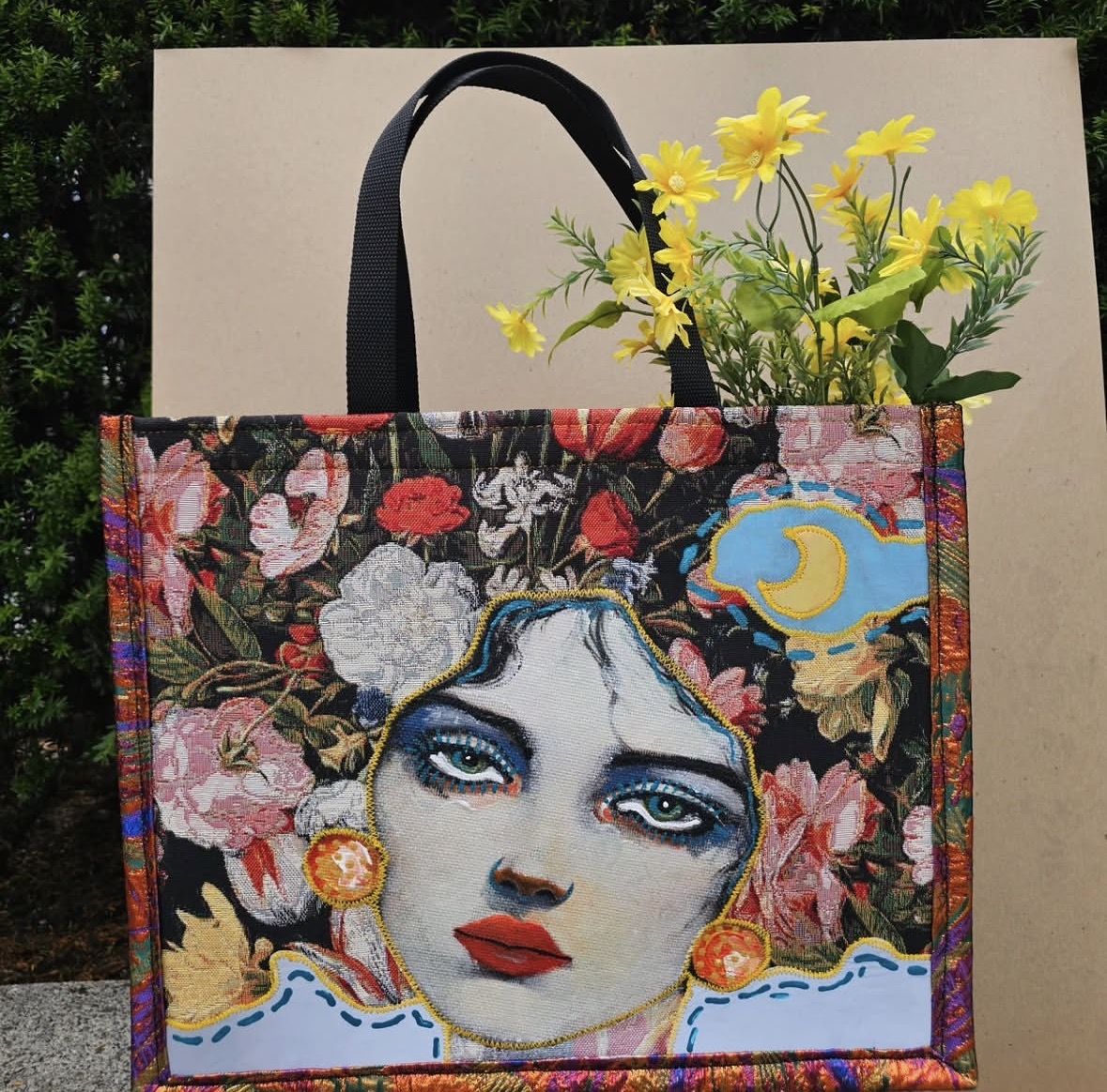 Garden Tapestry Tote, brocade and thread
